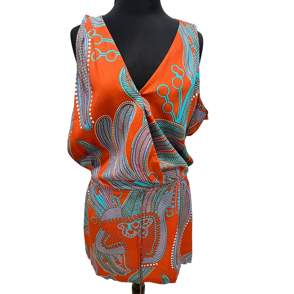 Tibi New York Womens Orange Abstract Paisley Print Surplice Mini Dress Size 10